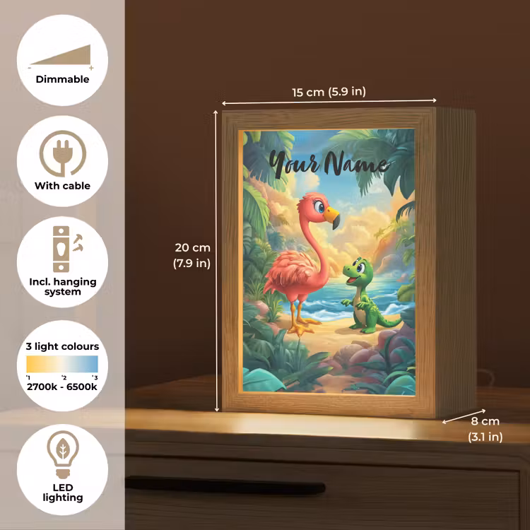 Flamingo - Dinosaurus - Strand - Kleurrijk Light Box met kabel (Kinderlampje) klein -USP_EN