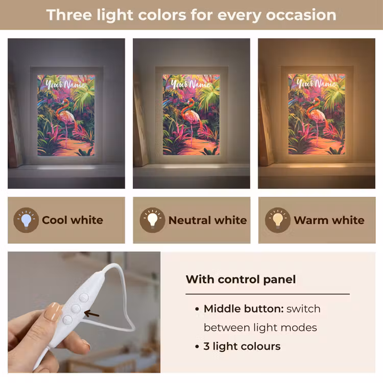 Flamingo - Tropisch - Dier - Bladeren Light Box met kabel (Kinderlampje) klein -USP_lichtkleurEN