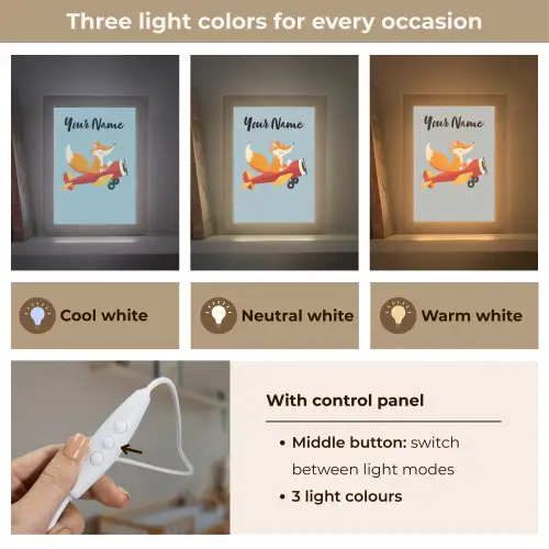 Vos - Vliegtuig - Blauw Light Box met kabel (Kinderlampje) klein -USP_lichtkleurEN