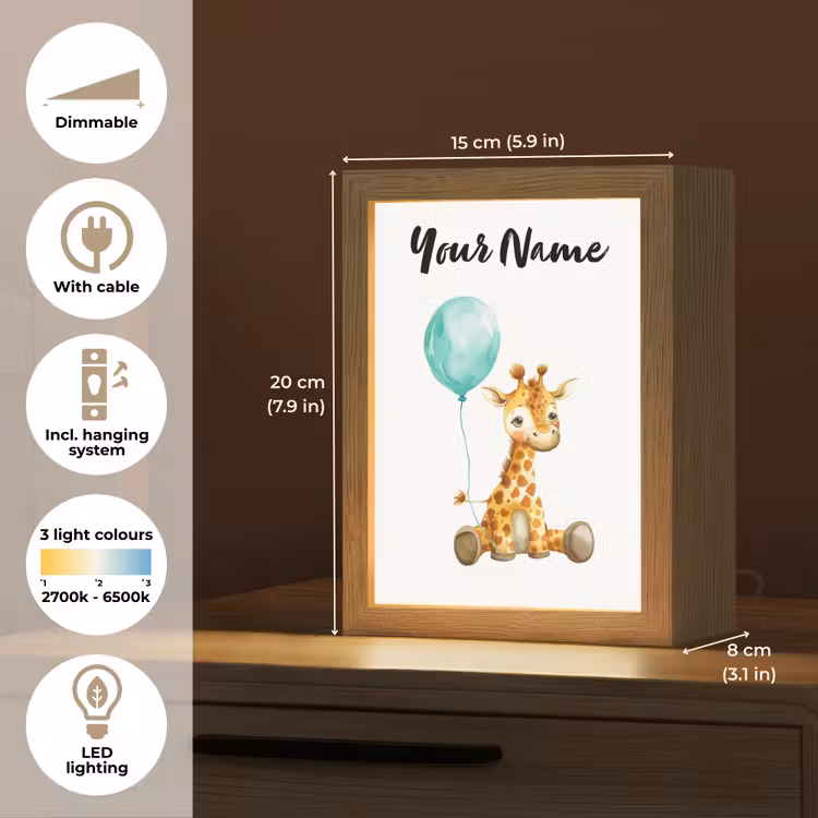 Giraf - Baby - Dieren - Blauwe ballon Light Box met kabel (Kinderlampje) klein -USP_EN