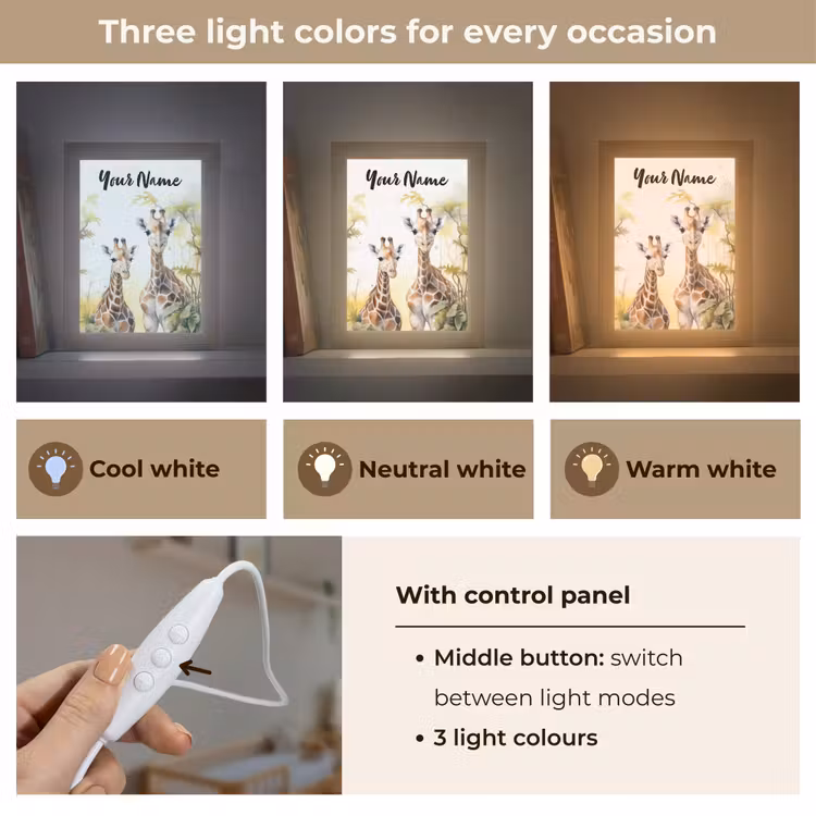 Giraffe - Wilde dieren - Natuur - Kinderen Light Box met kabel (Kinderlampje) klein -USP_lichtkleurEN