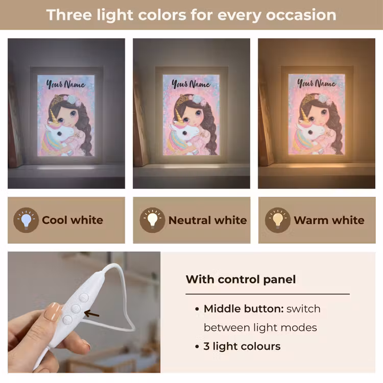 Meisje - Eenhoorn - Glitter Light Box met kabel (Kinderlampje) klein -USP_lichtkleurEN