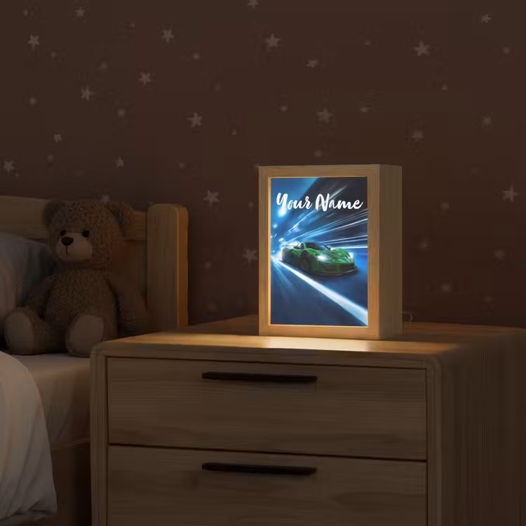 Groene racewagen - Blauw - Neon - Licht Light Box met kabel (Kinderlampje) klein -sfeer1_kind