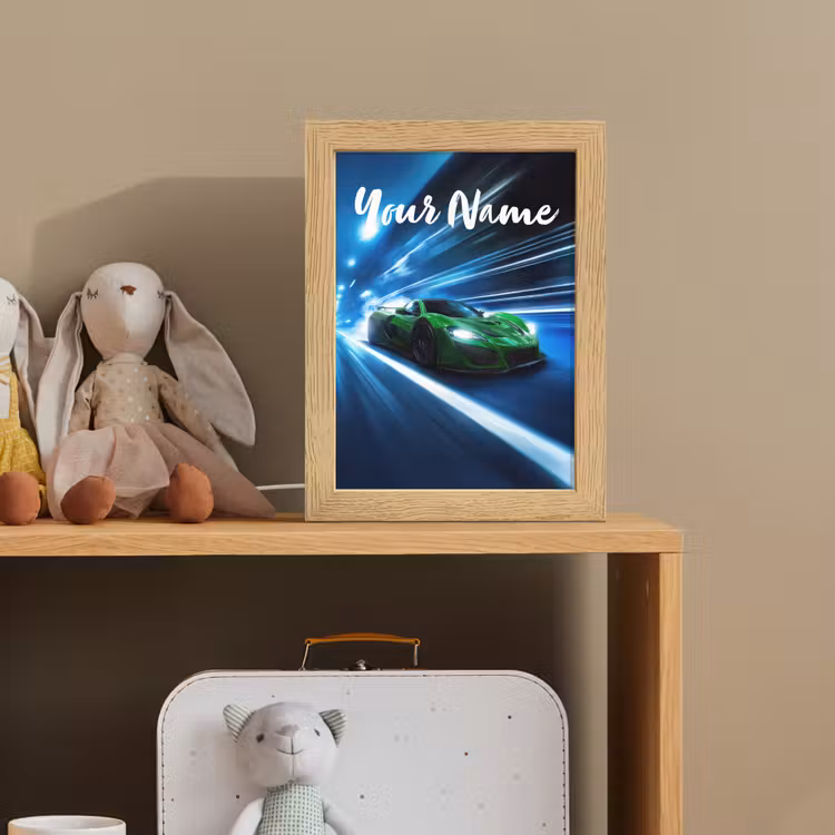 Groene racewagen - Blauw - Neon - Licht Light Box met kabel (Kinderlampje) klein -sfeer2_kind
