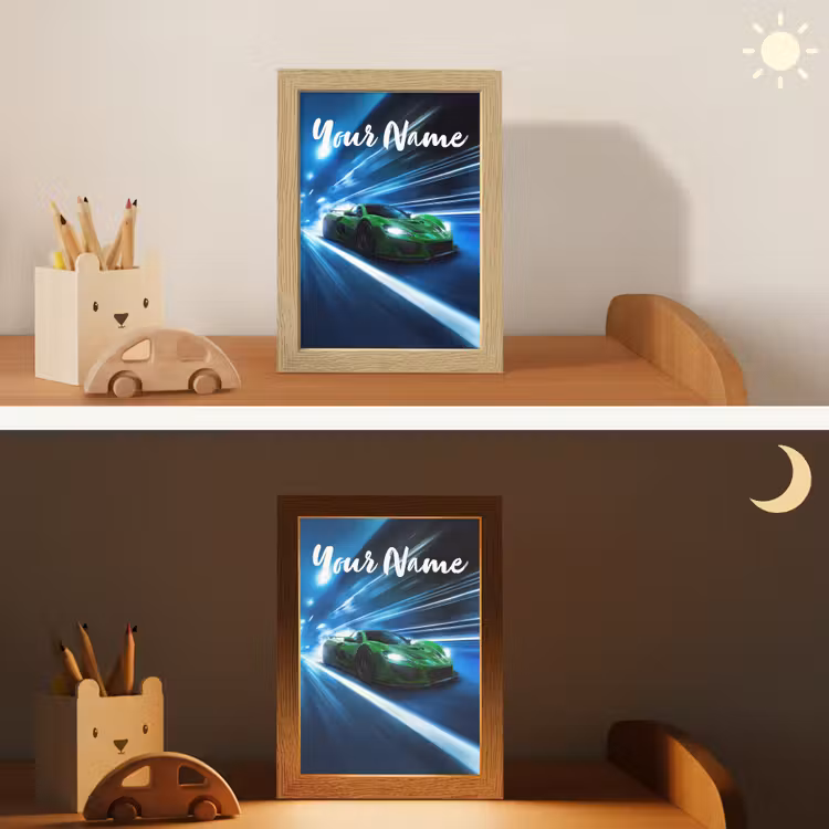 Groene racewagen - Blauw - Neon - Licht Light Box met kabel (Kinderlampje) klein -sfeer3_kind