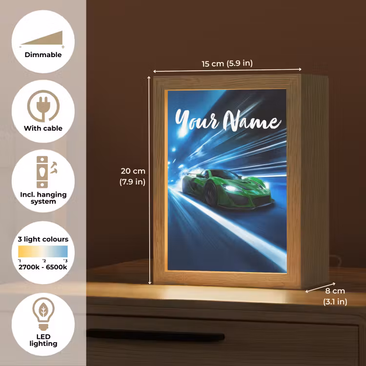 Groene racewagen - Blauw - Neon - Licht Light Box met kabel (Kinderlampje) klein -USP_EN