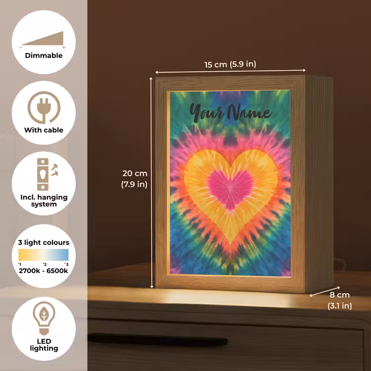 Hart - Kleurrijk - Regenboog - Tie Dye Light Box met kabel (Kinderlampje) klein -USP_EN