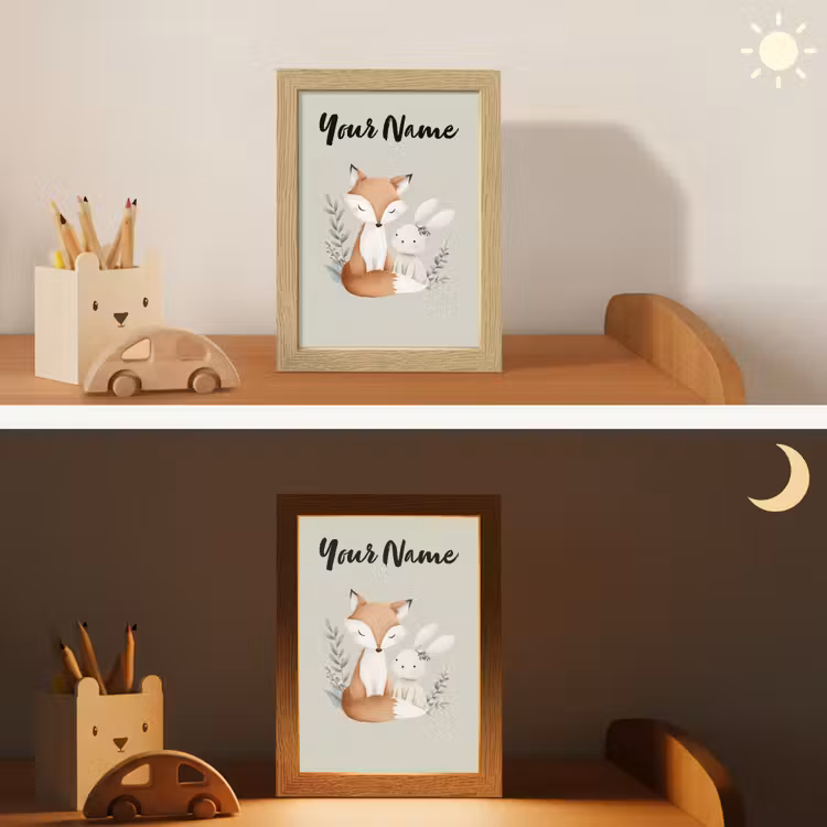 Illustratie - Vos - Konijn - Bladeren Light Box met kabel (Kinderlampje) klein -sfeer3_kind