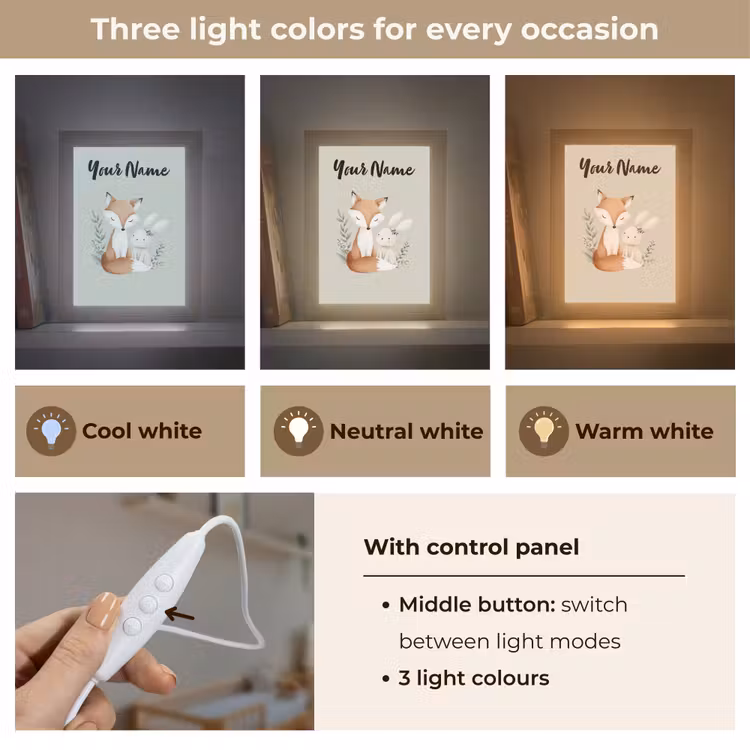 Illustratie - Vos - Konijn - Bladeren Light Box met kabel (Kinderlampje) klein -USP_lichtkleurEN