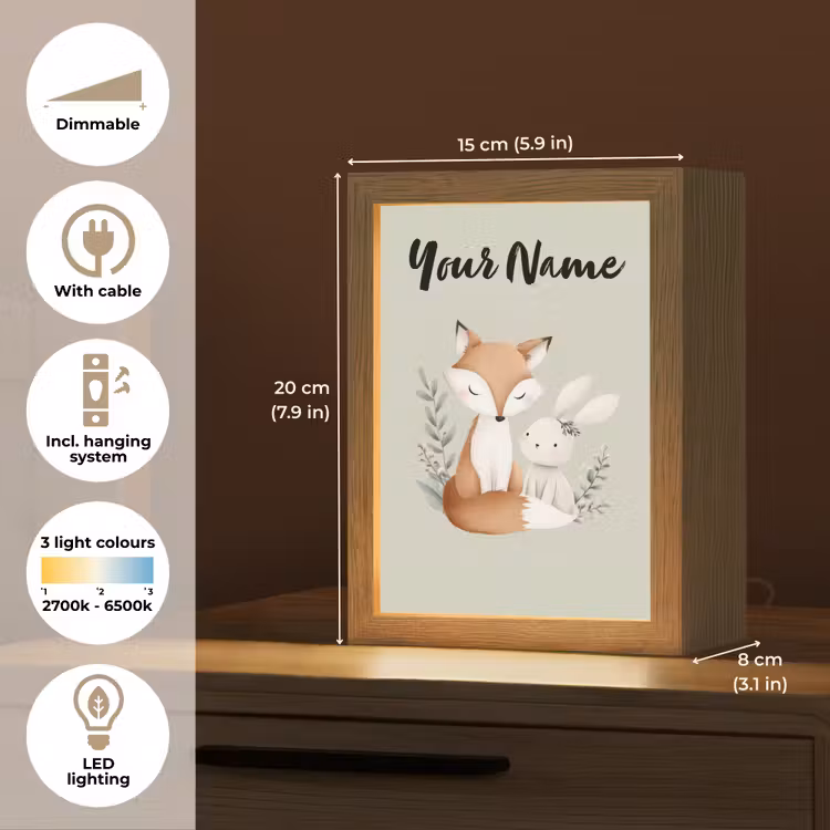 Illustratie - Vos - Konijn - Bladeren Light Box met kabel (Kinderlampje) klein -USP_EN