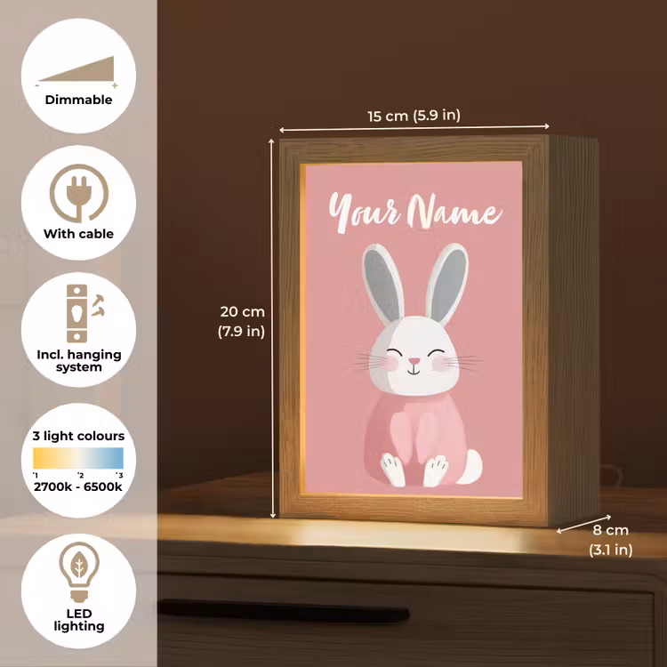 Illustratie - Konijn - Roze - Minimalistisch Light Box met kabel (Kinderlampje) klein -USP_EN