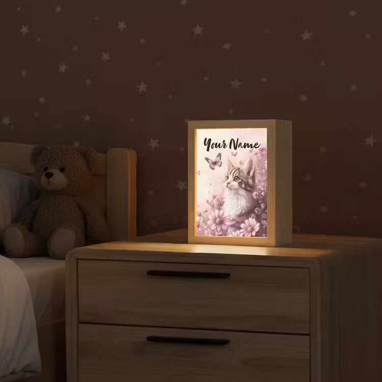 Kitten - Bloemen - Vlinders - Paars Light Box met kabel (Kinderlampje) klein -sfeer1_kind