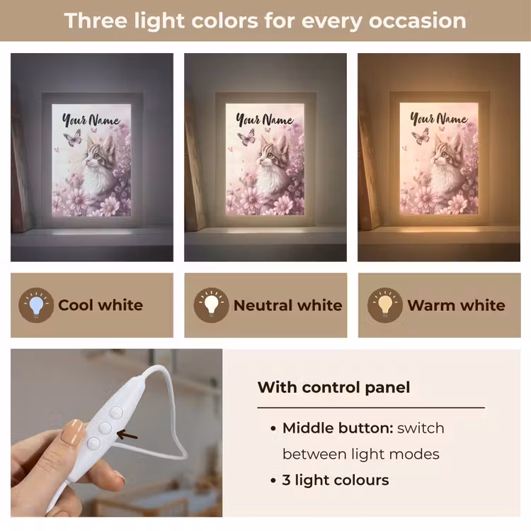 Kitten - Bloemen - Vlinders - Paars Light Box met kabel (Kinderlampje) klein -USP_lichtkleurEN