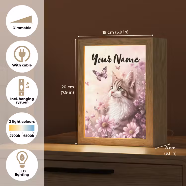Kitten - Bloemen - Vlinders - Paars Light Box met kabel (Kinderlampje) klein -USP_EN