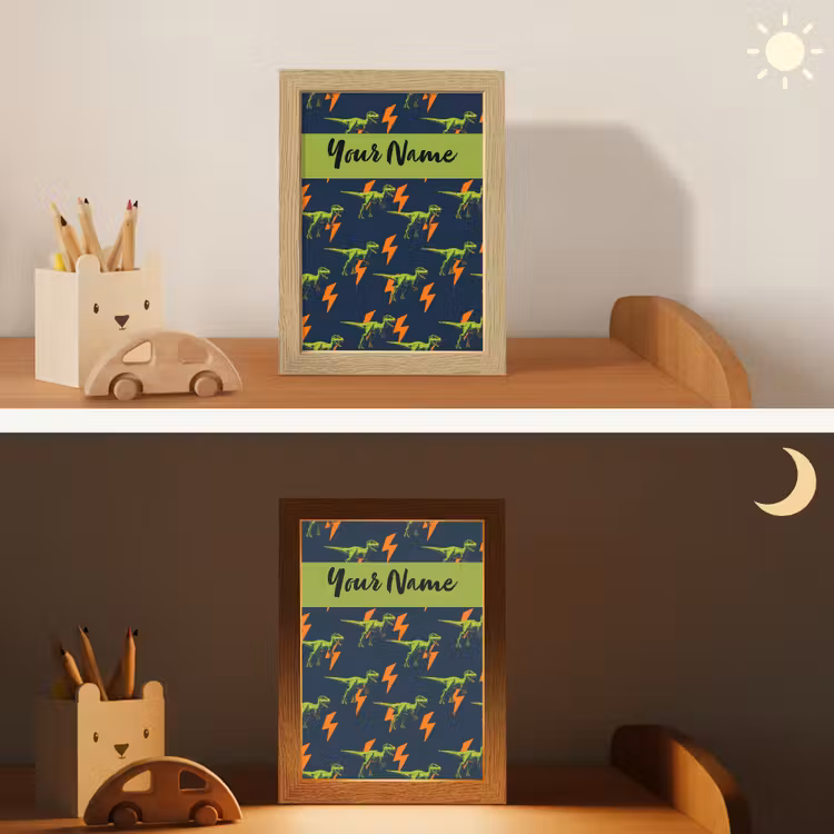 Bliksemschichten - Oranje - Dino - Patroon Light Box met kabel (Kinderlampje) klein -sfeer3_kind