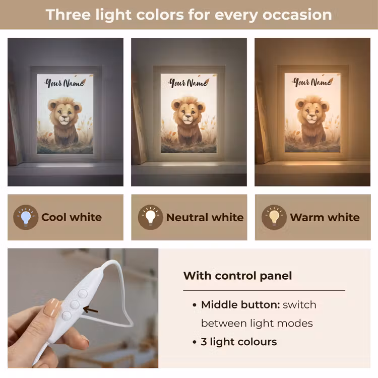 Leeuw - Dieren - Kinderen - Bruin - Meisje Light Box met kabel (Kinderlampje) klein -USP_lichtkleurEN