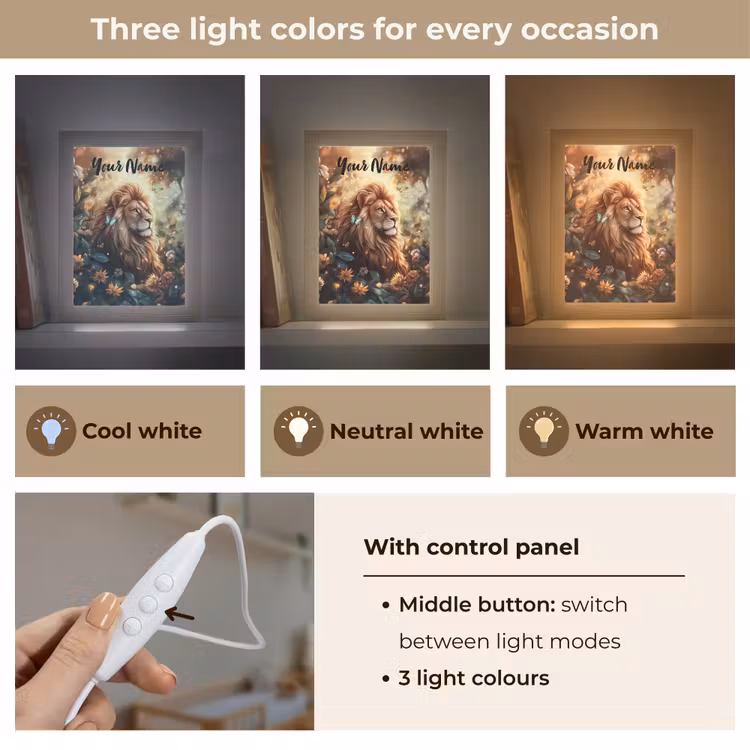 Leeuw - Dieren - Bloemen - Jungle Light Box met kabel (Kinderlampje) klein -USP_lichtkleurEN