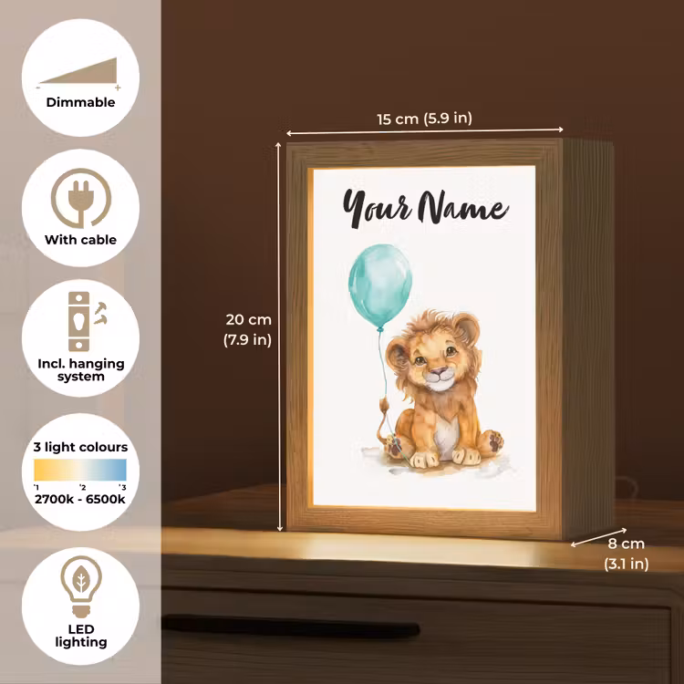 Leeuw - Baby dier - Blauwe ballon Light Box met kabel (Kinderlampje) klein -USP_EN