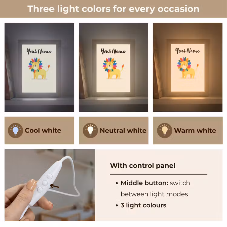 Leeuw - Kleurrijke manen - Beige Light Box met kabel (Kinderlampje) klein -USP_lichtkleurEN