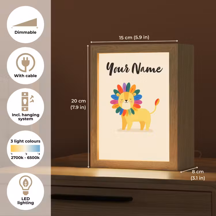 Leeuw - Kleurrijke manen - Beige Light Box met kabel (Kinderlampje) klein -USP_EN