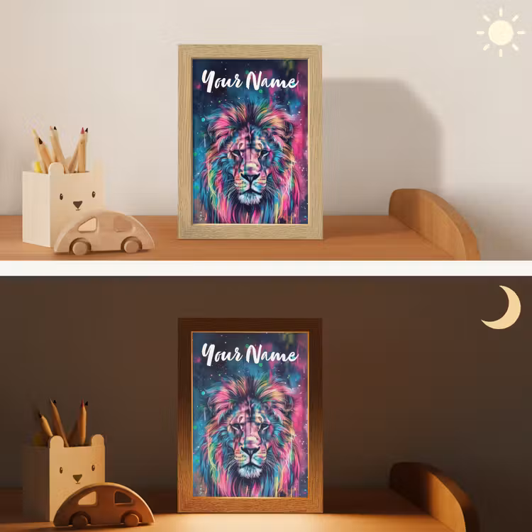 Leeuw - Verf - Kleurrijk - Zwart - Dieren Light Box met kabel (Kinderlampje) klein -sfeer3_kind