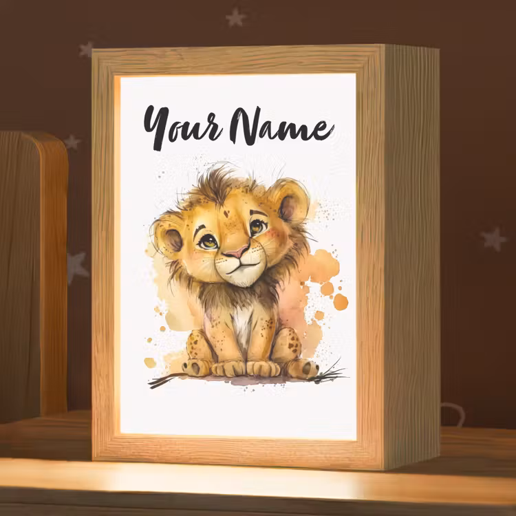 Leeuw - Waterverf - Bruin - Dieren - Meisjes - Jongens Light Box met kabel (Kinderlampje) klein -zzz_3d_website