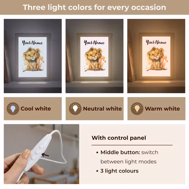 Leeuw - Waterverf - Bruin - Dieren - Meisjes - Jongens Light Box met kabel (Kinderlampje) klein -USP_lichtkleurEN