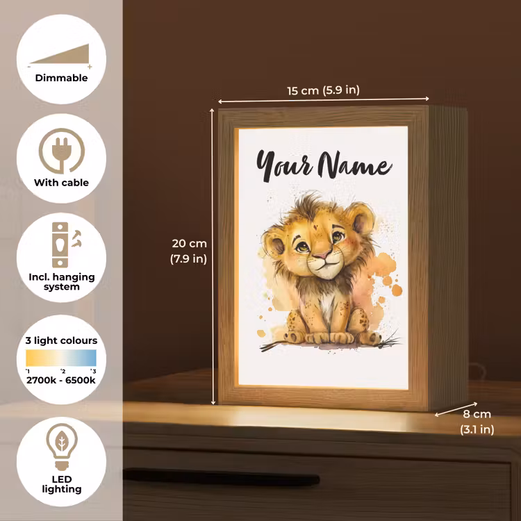 Leeuw - Waterverf - Bruin - Dieren - Meisjes - Jongens Light Box met kabel (Kinderlampje) klein -USP_EN