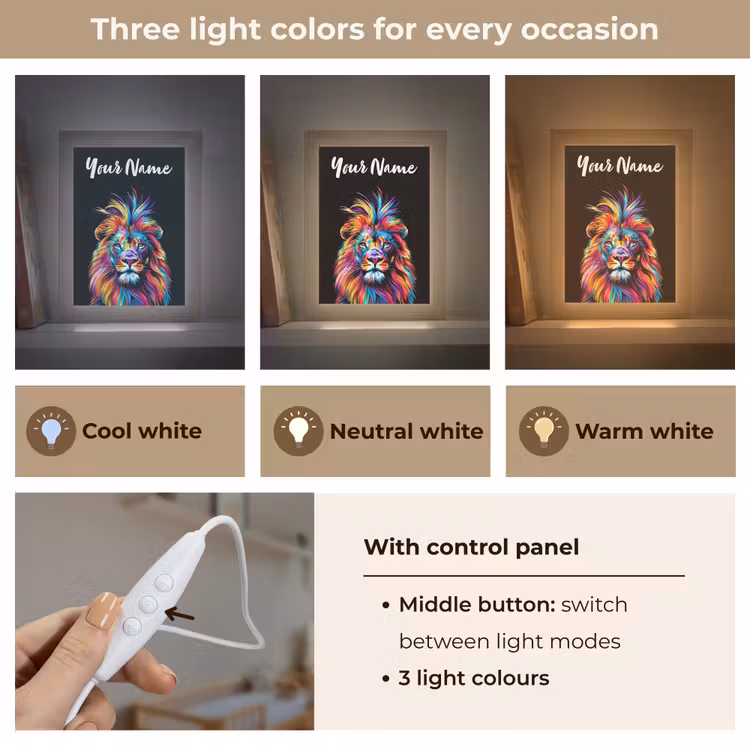 Leeuwen - Kleurrijk - Zwart - Dieren Light Box met kabel (Kinderlampje) klein -USP_lichtkleurEN