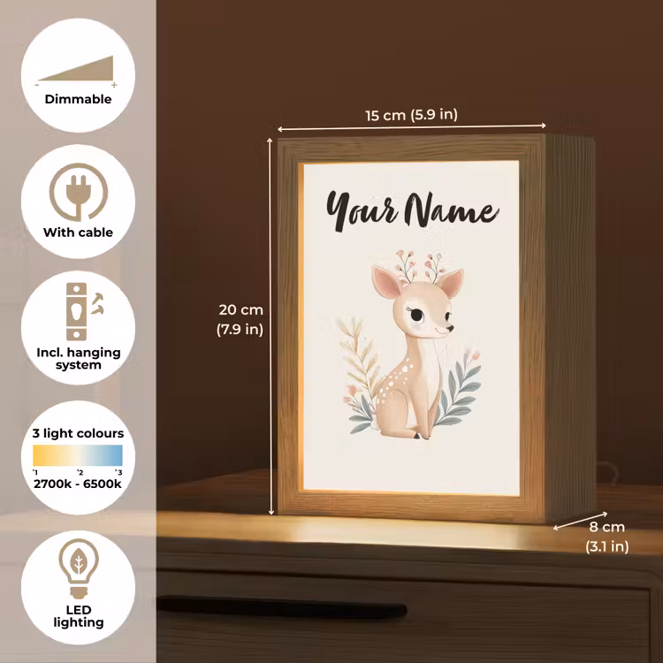 Minimalistisch - Hertje - Aquarel - Bladeren Light Box met kabel (Kinderlampje) klein -USP_EN