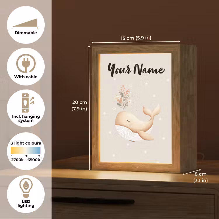 Minimalistisch - Walvis - Bloemen - Stippen Light Box met kabel (Kinderlampje) klein -USP_EN