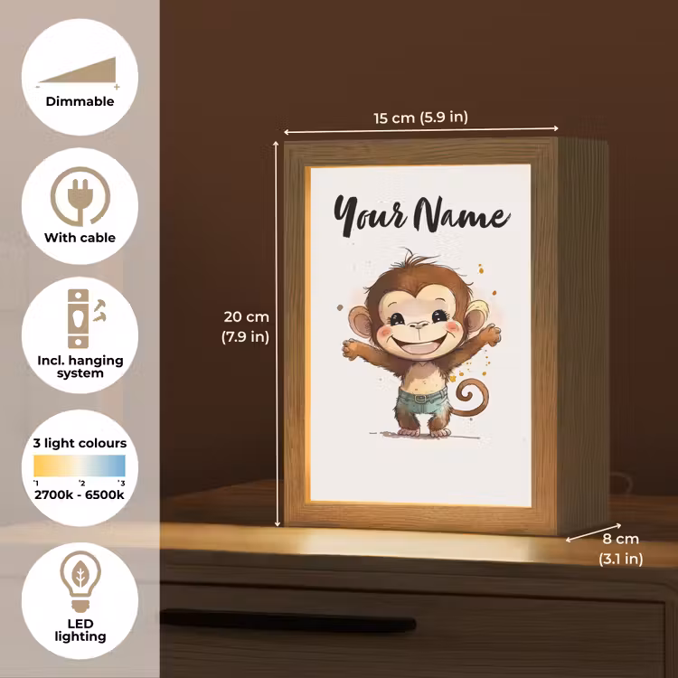 Aap - Bruin - Waterverf - Dieren - Meiden - Jongens Light Box met kabel (Kinderlampje) klein -USP_EN