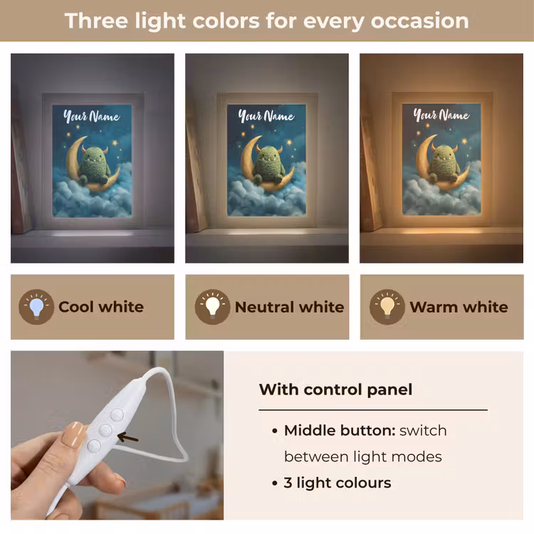 Monster - Groen - Maan - Wolken Light Box met kabel (Kinderlampje) klein -USP_lichtkleurEN