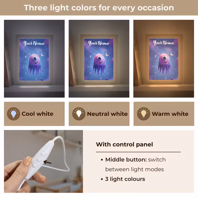 Monster - Ruimte - Sterren - Paars Light Box met kabel (Kinderlampje) klein -USP_lichtkleurEN