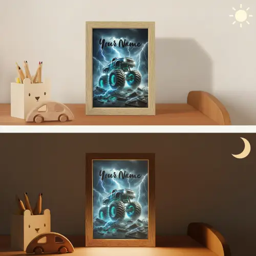Monstertruck - Bliksem - Blauw - Jongens - Auto Light Box met kabel (Kinderlampje) klein -sfeer3_kind