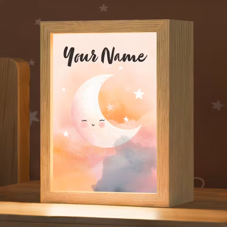 Maan - Gezichtje - Sterren - Roze Light Box met kabel (Kinderlampje) klein -zzz_3d_website
