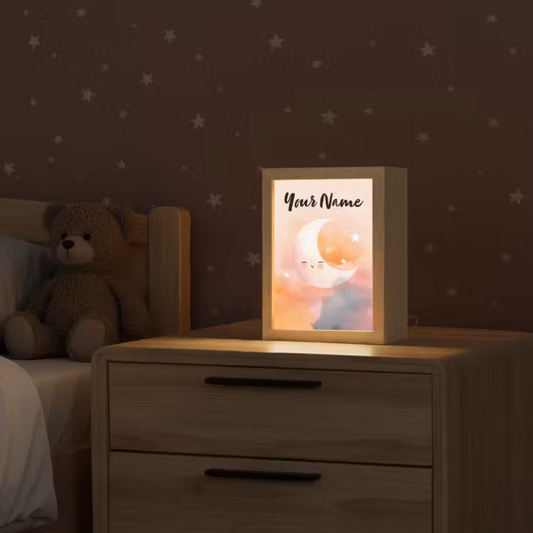 Maan - Gezichtje - Sterren - Roze Light Box met kabel (Kinderlampje) klein -sfeer1_kind