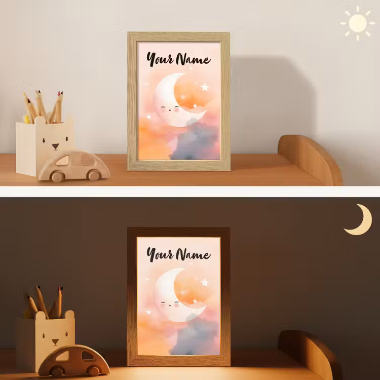Maan - Gezichtje - Sterren - Roze Light Box met kabel (Kinderlampje) klein -sfeer3_kind