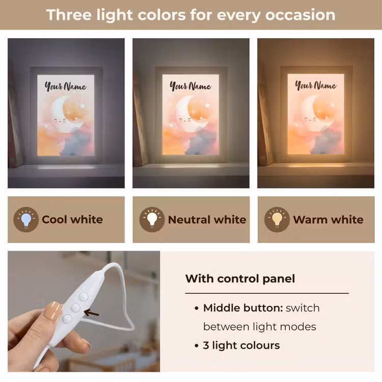 Maan - Gezichtje - Sterren - Roze Light Box met kabel (Kinderlampje) klein -USP_lichtkleurEN