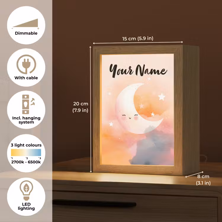 Maan - Gezichtje - Sterren - Roze Light Box met kabel (Kinderlampje) klein -USP_EN