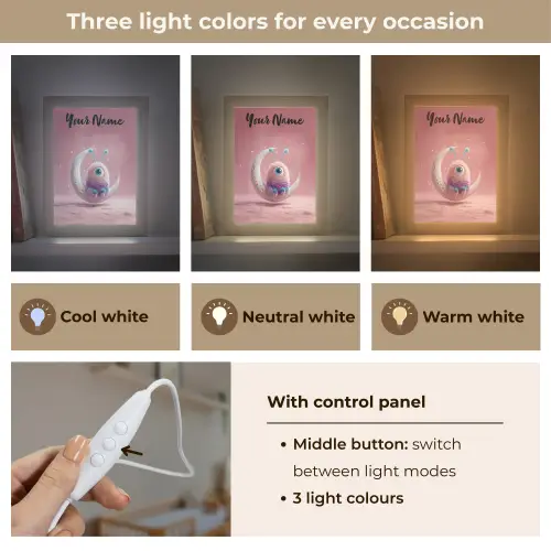 Maan - Monster - Roze Light Box met kabel (Kinderlampje) klein -USP_lichtkleurEN