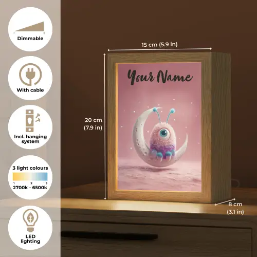 Maan - Monster - Roze Light Box met kabel (Kinderlampje) klein -USP_EN