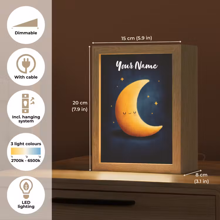 Maan - Geel - Sterren - Gezichtje Light Box met kabel (Kinderlampje) klein -USP_EN
