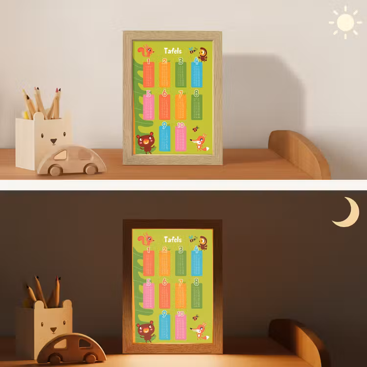 Tafels van vermenigvuldiging - Leren rekenen voor kinderen - Cijfers oefenen - Bosdieren - Groen Light Box met kabel klein -sfeer3_kind