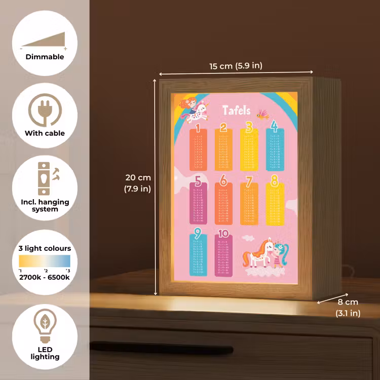 Tafels van vermenigvuldiging - Leren rekenen voor kinderen - Cijfers oefenen - Eenhoorn - Roze Light Box met kabel (Kinderlampje) klein -USP_EN