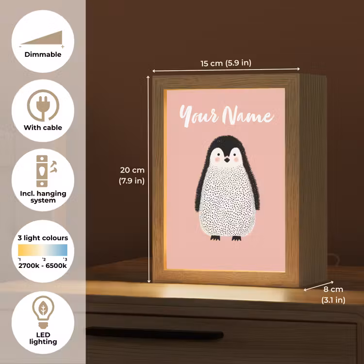 Pinguïn - Stippen - Minimalistisch - Roze Light Box met kabel (Kinderlampje) klein -USP_EN
