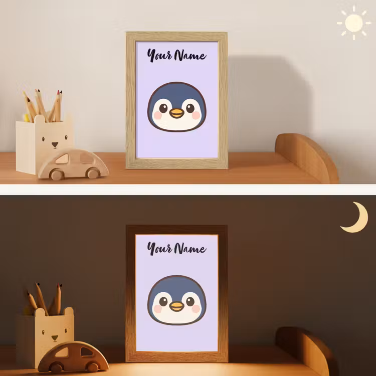 Pinguïn - Paars - Minimalistisch - Blosjes Light Box met kabel (Kinderlampje) klein -sfeer3_kind