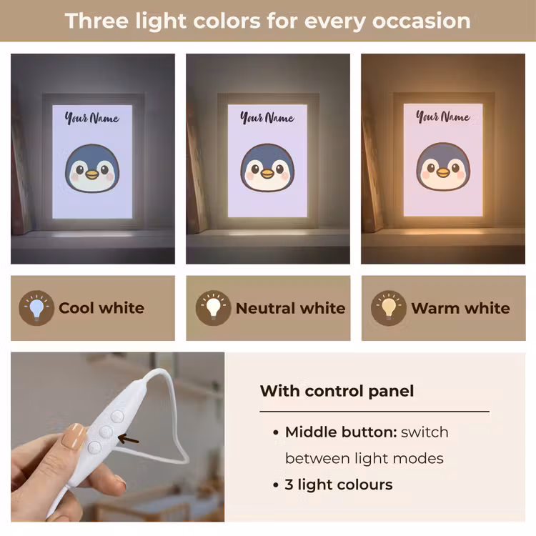 Pinguïn - Paars - Minimalistisch - Blosjes Light Box met kabel (Kinderlampje) klein -USP_lichtkleurEN