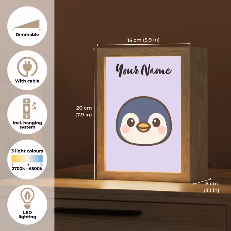 Pinguïn - Paars - Minimalistisch - Blosjes Light Box met kabel (Kinderlampje) klein -USP_EN