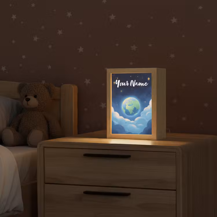 Planeet - Wolken - Sterren - Blauw Light Box met kabel (Kinderlampje) klein -sfeer1_kind